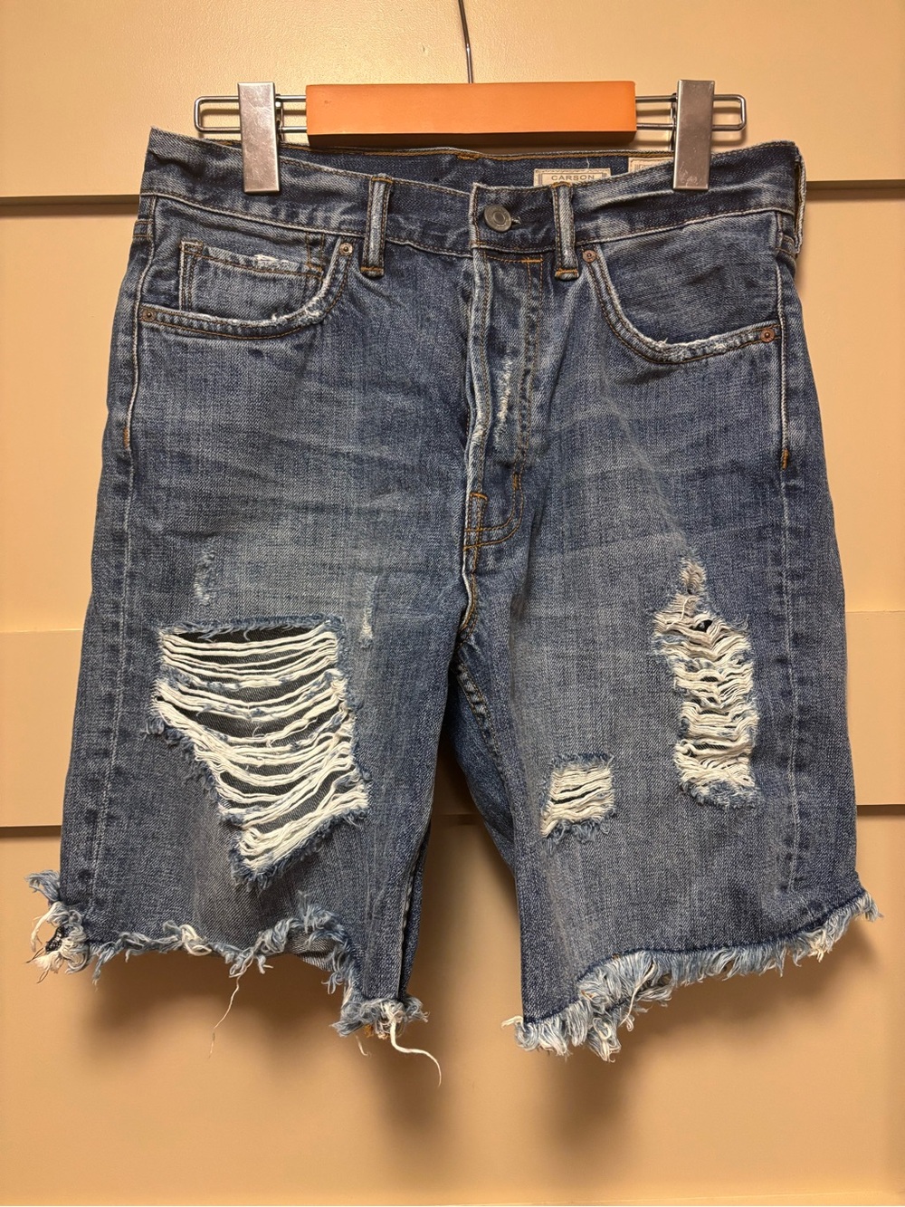 ALL SAINTS Carson Boy Fit High Rise Denim Long Short Distressed Fringe Dark Wash